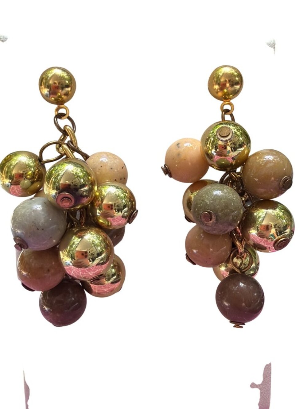 Vintage Beaded Cluster Dangle Earrings Mixed Stone Gold Tone Beads 2" Estate